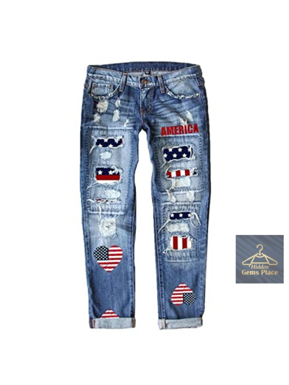 Stretchy Ripped Distressed Boyfriend Jeans with Heart Flag Denim